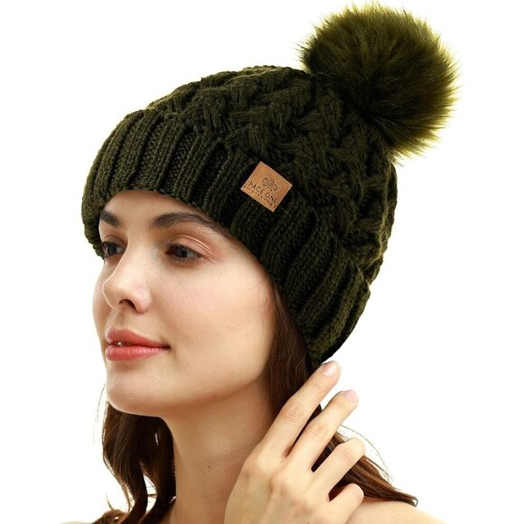 Women’s olive green Winter Ribbed Beanie Hat Chunky Cable Knit Pompom Warm main image 5